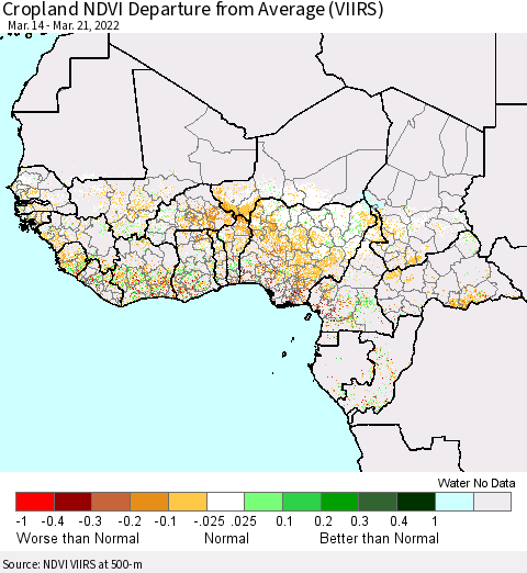 Western Africa Cropland NDVI Departure from Average (VIIRS) Thematic Map For 3/14/2022 - 3/21/2022