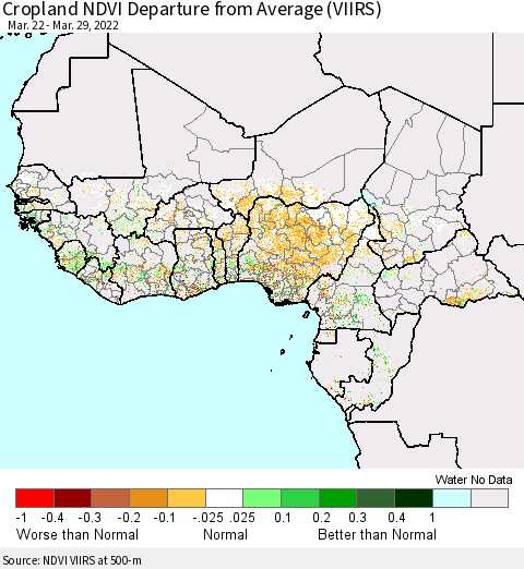 Western Africa Cropland NDVI Departure from Average (VIIRS) Thematic Map For 3/22/2022 - 3/29/2022