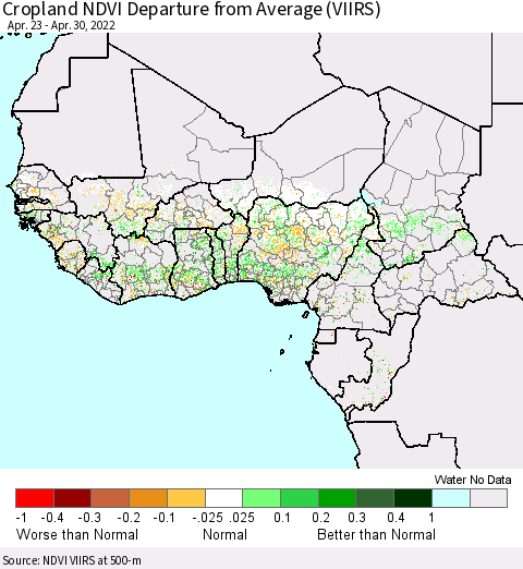 Western Africa Cropland NDVI Departure from Average (VIIRS) Thematic Map For 4/23/2022 - 4/30/2022