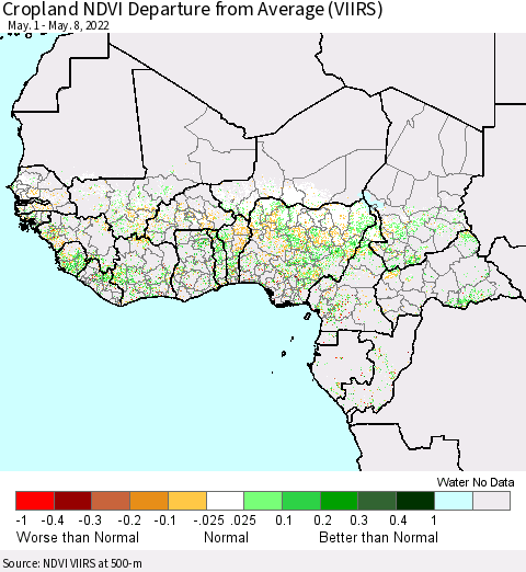 Western Africa Cropland NDVI Departure from Average (VIIRS) Thematic Map For 5/1/2022 - 5/8/2022