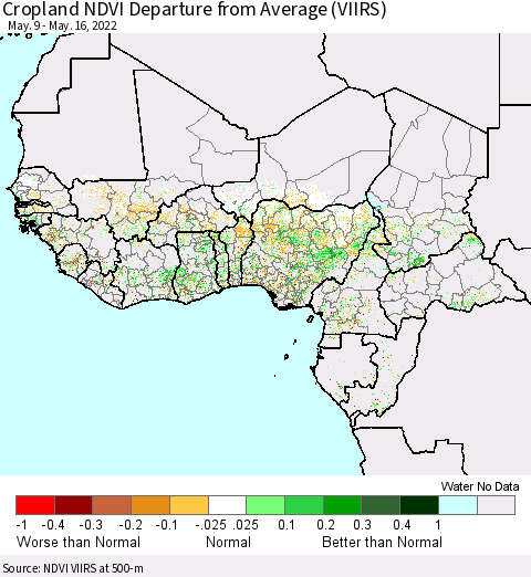 Western Africa Cropland NDVI Departure from Average (VIIRS) Thematic Map For 5/9/2022 - 5/16/2022