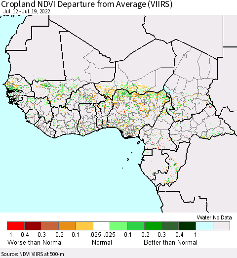 Western Africa Cropland NDVI Departure from Average (VIIRS) Thematic Map For 7/12/2022 - 7/19/2022