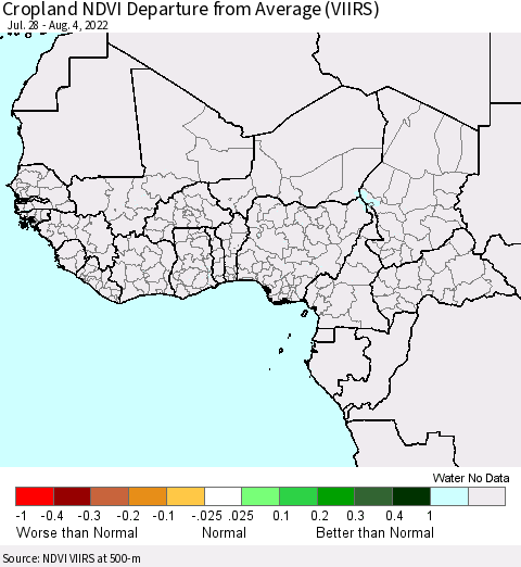 Western Africa Cropland NDVI Departure from Average (VIIRS) Thematic Map For 7/28/2022 - 8/4/2022