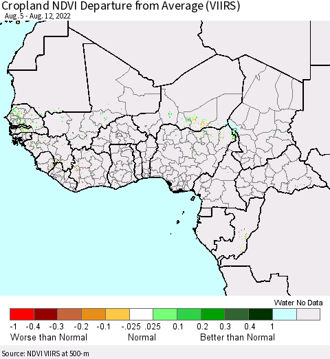 Western Africa Cropland NDVI Departure from Average (VIIRS) Thematic Map For 8/5/2022 - 8/12/2022