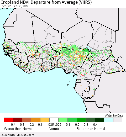 Western Africa Cropland NDVI Departure from Average (VIIRS) Thematic Map For 9/22/2022 - 9/29/2022