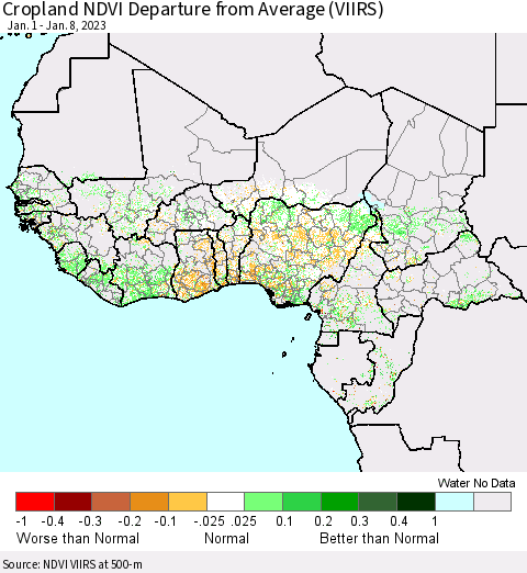 Western Africa Cropland NDVI Departure from Average (VIIRS) Thematic Map For 1/1/2023 - 1/8/2023