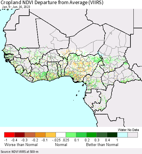 Western Africa Cropland NDVI Departure from Average (VIIRS) Thematic Map For 1/9/2023 - 1/16/2023