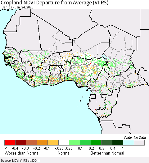 Western Africa Cropland NDVI Departure from Average (VIIRS) Thematic Map For 1/17/2023 - 1/24/2023