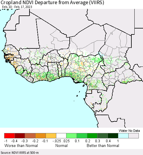 Western Africa Cropland NDVI Departure from Average (VIIRS) Thematic Map For 2/10/2023 - 2/17/2023
