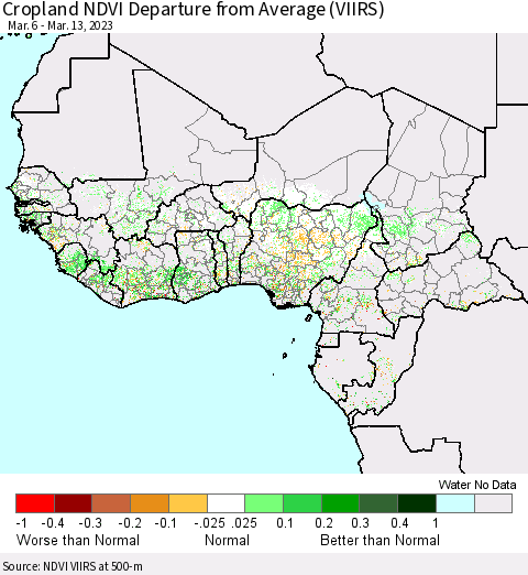 Western Africa Cropland NDVI Departure from Average (VIIRS) Thematic Map For 3/6/2023 - 3/13/2023