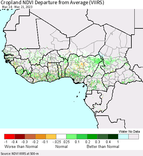 Western Africa Cropland NDVI Departure from Average (VIIRS) Thematic Map For 3/14/2023 - 3/21/2023