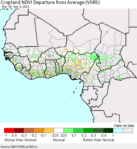 Western Africa Cropland NDVI Departure from Average (VIIRS) Thematic Map For 3/30/2023 - 4/6/2023