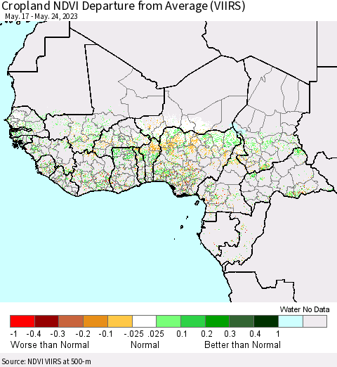 Western Africa Cropland NDVI Departure from Average (VIIRS) Thematic Map For 5/17/2023 - 5/24/2023