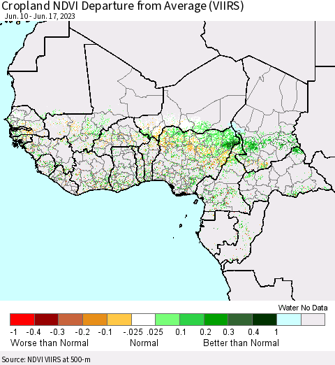 Western Africa Cropland NDVI Departure from Average (VIIRS) Thematic Map For 6/10/2023 - 6/17/2023