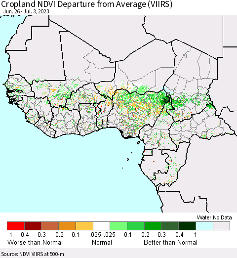 Western Africa Cropland NDVI Departure from Average (VIIRS) Thematic Map For 6/26/2023 - 7/3/2023