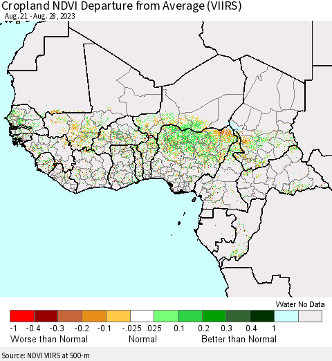 Western Africa Cropland NDVI Departure from Average (VIIRS) Thematic Map For 8/21/2023 - 8/28/2023