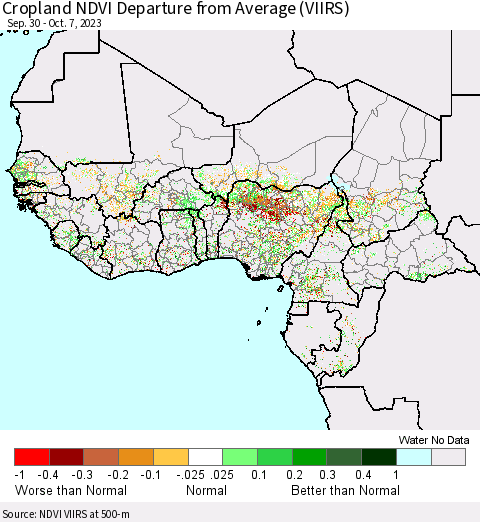 Western Africa Cropland NDVI Departure from Average (VIIRS) Thematic Map For 9/30/2023 - 10/7/2023