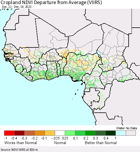 Western Africa Cropland NDVI Departure from Average (VIIRS) Thematic Map For 12/11/2023 - 12/18/2023