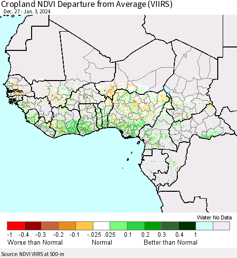 Western Africa Cropland NDVI Departure from Average (VIIRS) Thematic Map For 12/27/2023 - 1/3/2024