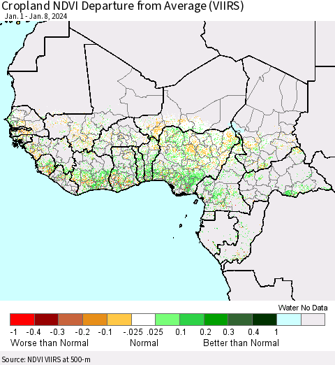 Western Africa Cropland NDVI Departure from Average (VIIRS) Thematic Map For 1/1/2024 - 1/8/2024
