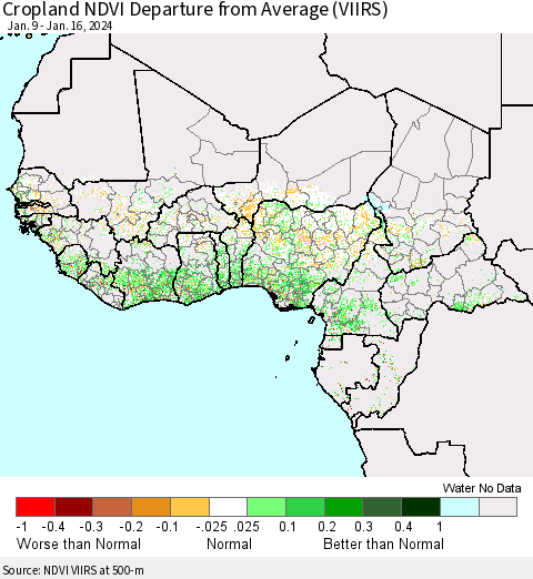 Western Africa Cropland NDVI Departure from Average (VIIRS) Thematic Map For 1/9/2024 - 1/16/2024