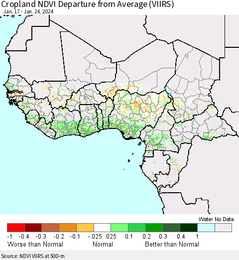 Western Africa Cropland NDVI Departure from Average (VIIRS) Thematic Map For 1/17/2024 - 1/24/2024