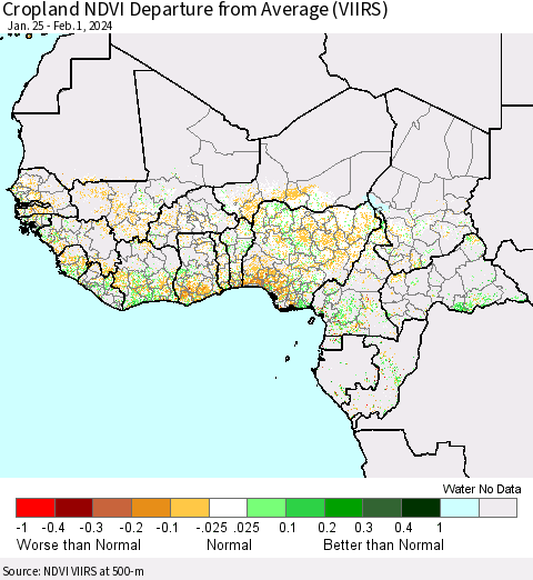 Western Africa Cropland NDVI Departure from Average (VIIRS) Thematic Map For 1/25/2024 - 2/1/2024