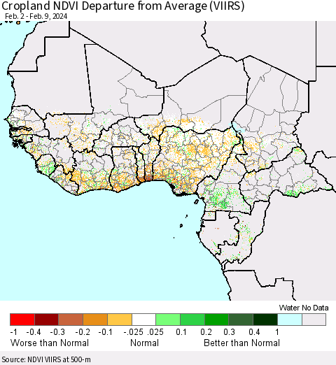 Western Africa Cropland NDVI Departure from Average (VIIRS) Thematic Map For 2/2/2024 - 2/9/2024