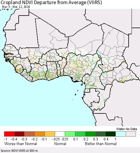 Western Africa Cropland NDVI Departure from Average (VIIRS) Thematic Map For 3/5/2024 - 3/12/2024