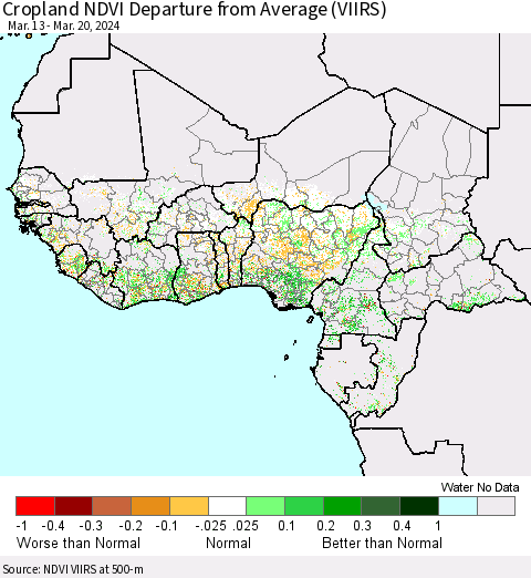 Western Africa Cropland NDVI Departure from Average (VIIRS) Thematic Map For 3/13/2024 - 3/20/2024