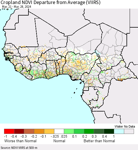 Western Africa Cropland NDVI Departure from Average (VIIRS) Thematic Map For 3/21/2024 - 3/28/2024