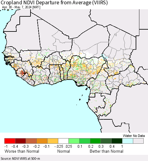 Western Africa Cropland NDVI Departure from Average (VIIRS) Thematic Map For 4/30/2024 - 5/7/2024
