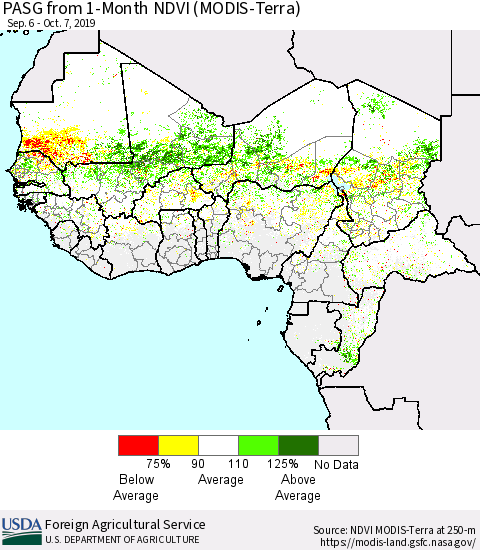 Western Africa PASG from 1-Month NDVI (Terra-MODIS) Thematic Map For 10/1/2019 - 10/10/2019
