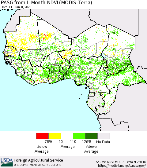 Western Africa PASG from 1-Month NDVI (Terra-MODIS) Thematic Map For 1/1/2020 - 1/10/2020