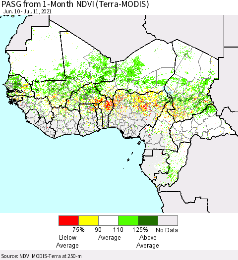 Western Africa PASG from 1-Month NDVI (Terra-MODIS) Thematic Map For 7/4/2021 - 7/11/2021