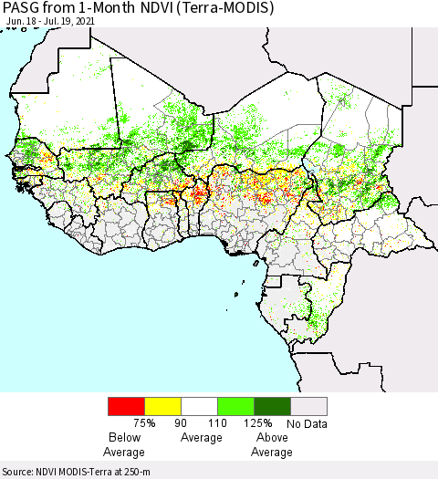 Western Africa PASG from 1-Month NDVI (Terra-MODIS) Thematic Map For 7/12/2021 - 7/19/2021
