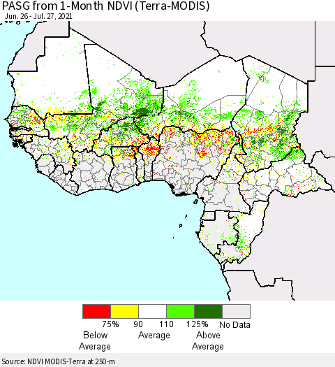 Western Africa PASG from 1-Month NDVI (Terra-MODIS) Thematic Map For 7/20/2021 - 7/27/2021