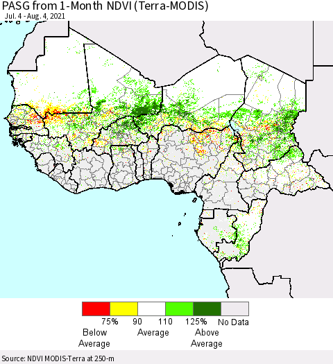 Western Africa PASG from 1-Month NDVI (Terra-MODIS) Thematic Map For 7/28/2021 - 8/4/2021