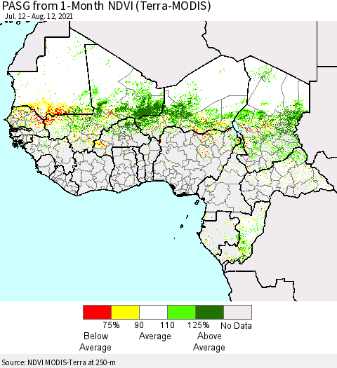 Western Africa PASG from 1-Month NDVI (Terra-MODIS) Thematic Map For 8/5/2021 - 8/12/2021