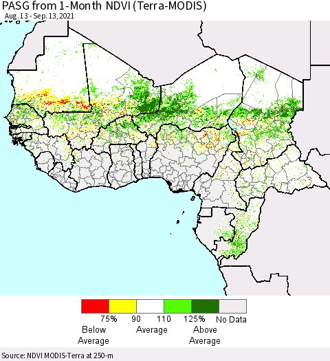 Western Africa PASG from 1-Month NDVI (Terra-MODIS) Thematic Map For 9/6/2021 - 9/13/2021
