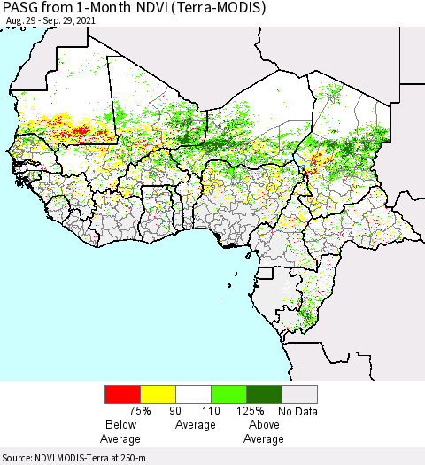 Western Africa PASG from 1-Month NDVI (Terra-MODIS) Thematic Map For 9/22/2021 - 9/29/2021