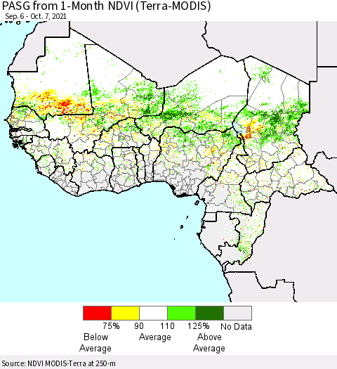 Western Africa PASG from 1-Month NDVI (Terra-MODIS) Thematic Map For 9/30/2021 - 10/7/2021