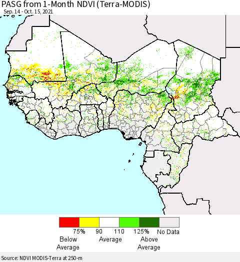 Western Africa PASG from 1-Month NDVI (Terra-MODIS) Thematic Map For 10/8/2021 - 10/15/2021