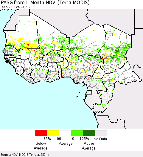 Western Africa PASG from 1-Month NDVI (Terra-MODIS) Thematic Map For 10/16/2021 - 10/23/2021