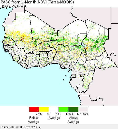 Western Africa PASG from 1-Month NDVI (Terra-MODIS) Thematic Map For 10/24/2021 - 10/31/2021