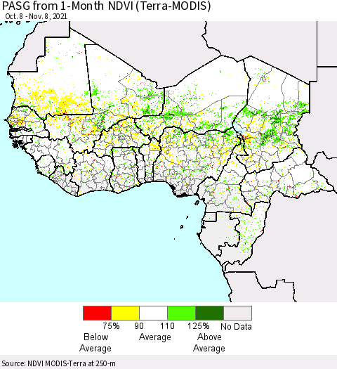 Western Africa PASG from 1-Month NDVI (Terra-MODIS) Thematic Map For 11/1/2021 - 11/8/2021