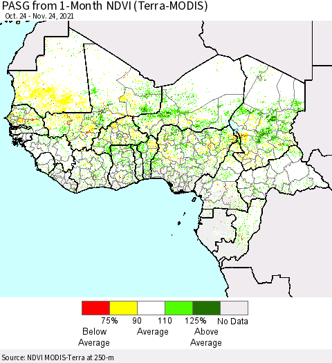 Western Africa PASG from 1-Month NDVI (Terra-MODIS) Thematic Map For 11/17/2021 - 11/24/2021