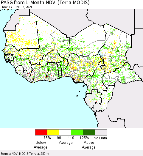 Western Africa PASG from 1-Month NDVI (Terra-MODIS) Thematic Map For 12/11/2021 - 12/18/2021