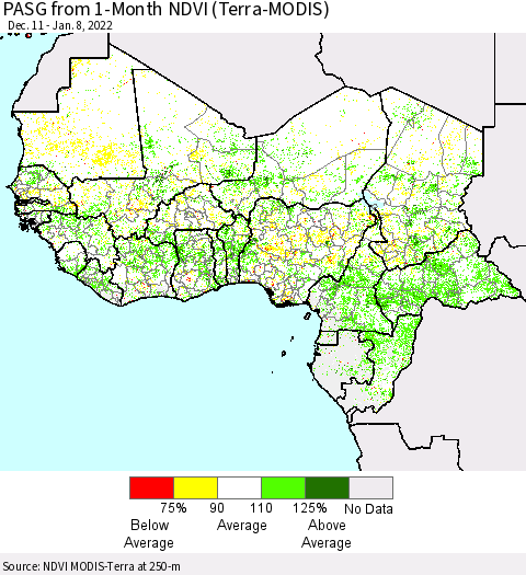 Western Africa PASG from 1-Month NDVI (Terra-MODIS) Thematic Map For 1/1/2022 - 1/8/2022