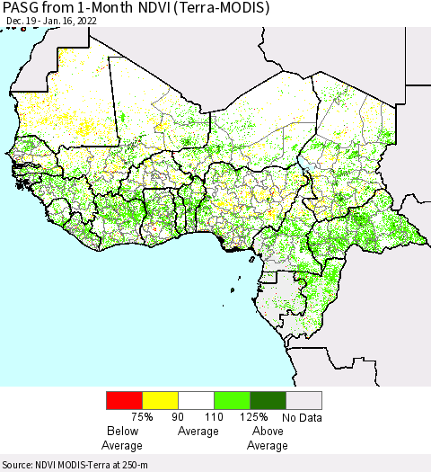 Western Africa PASG from 1-Month NDVI (Terra-MODIS) Thematic Map For 1/9/2022 - 1/16/2022